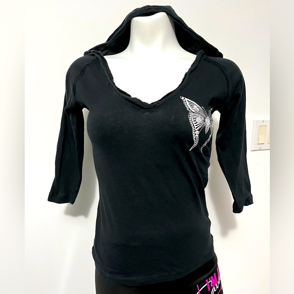 Planet Gold Black White 3/4 sleeves Hoodie Butterfly Top Shirt Size XS